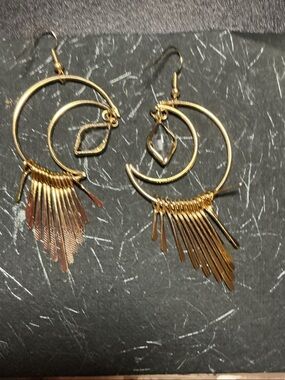 Gold Fringe Crescent Hoop Earrings with Clear Crystal Accent